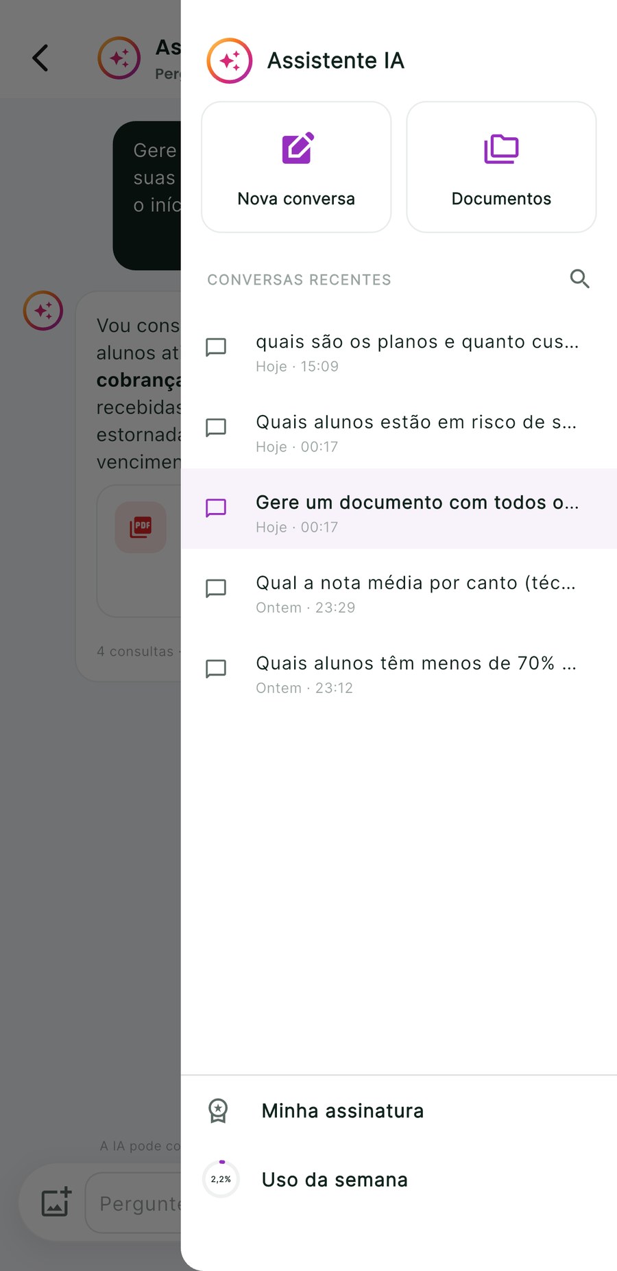 Histórico de conversas e biblioteca de documentos do Assistente IA