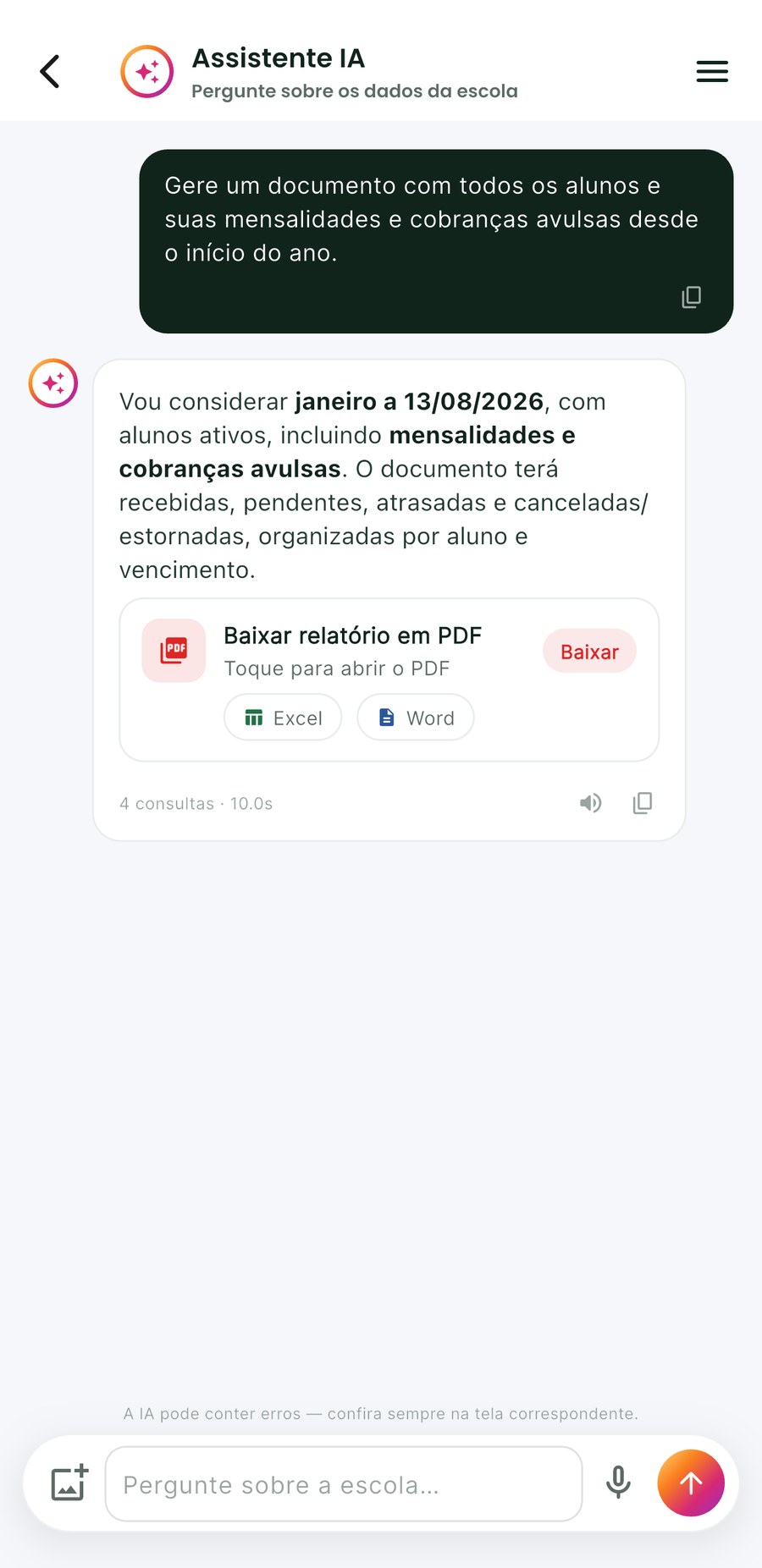 Assistente IA gerando relatório em PDF, Excel ou Word