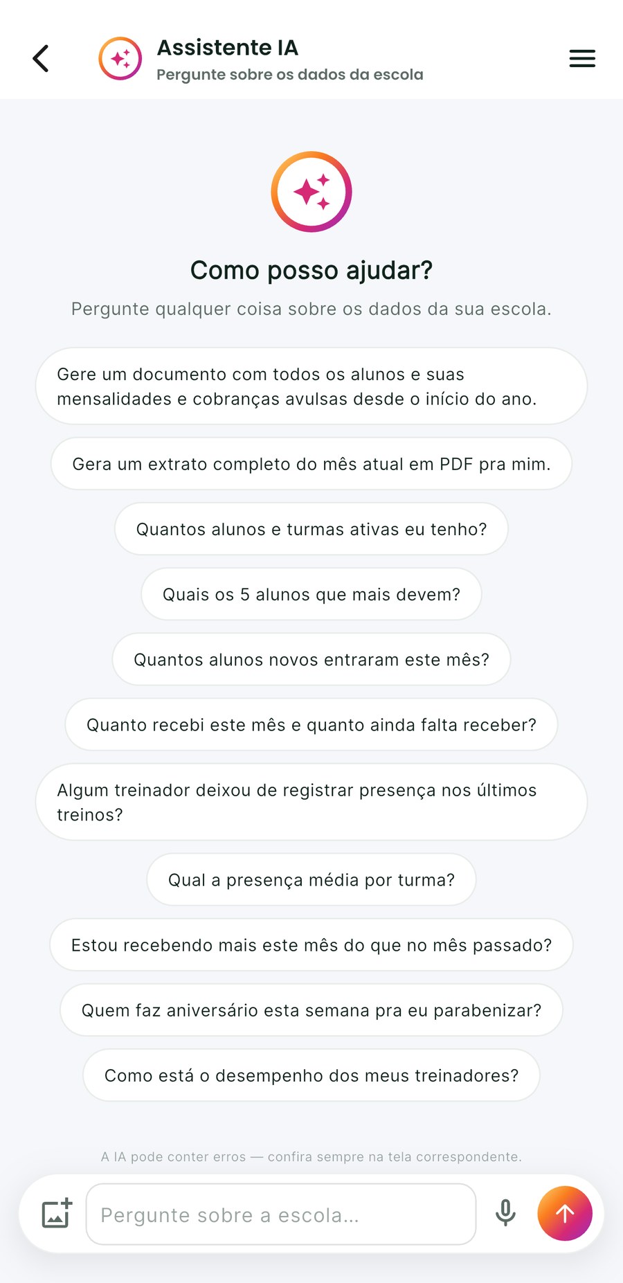 Assistente IA do AppFUT com sugestões de perguntas sobre a escola