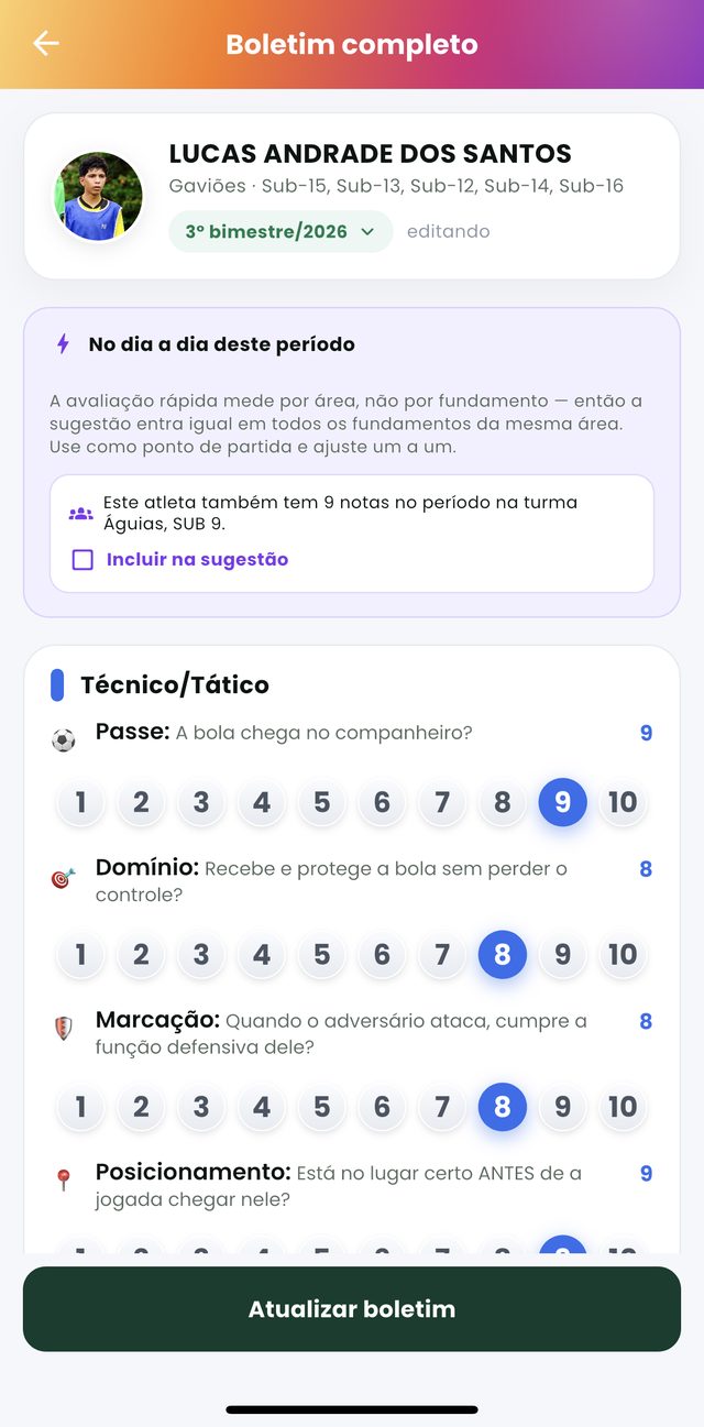 Boletim bimestral do atleta com nota por competência no AppFUT