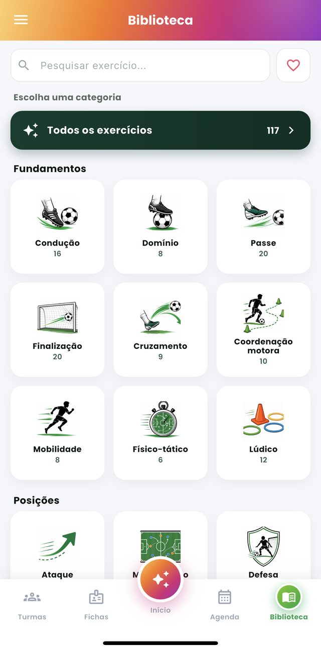 Biblioteca de exercícios com diagramas animados no AppFUT